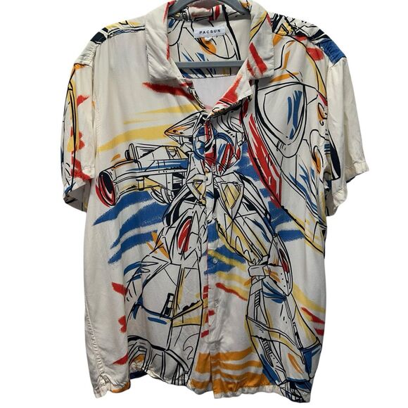 PacSun Shirt Mens Large Scribble Robot Short Sleeve Collared Button Up Camp - Picture 1 of 11
